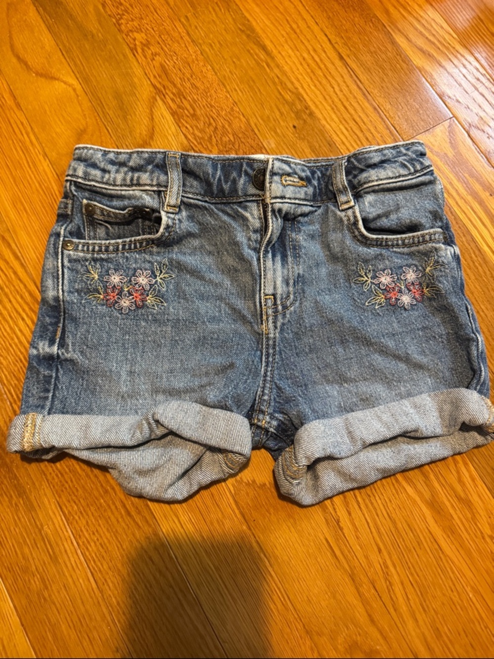 Embroidered Cuffed Denim Shorts - Blue